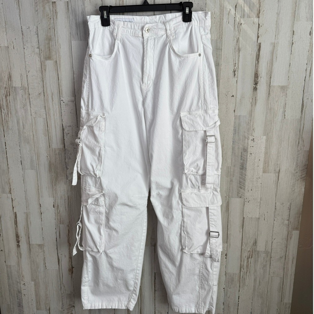 Zara Cargo Pant Women 8 White Relaxed Bondage 90s Utility Multi Pocket Y2K Skate